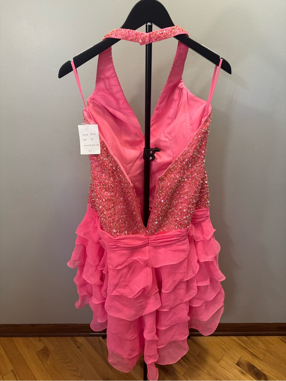 Pink Beaded V-Neck Ruffled Prom Dress - Picture 5 of 12
